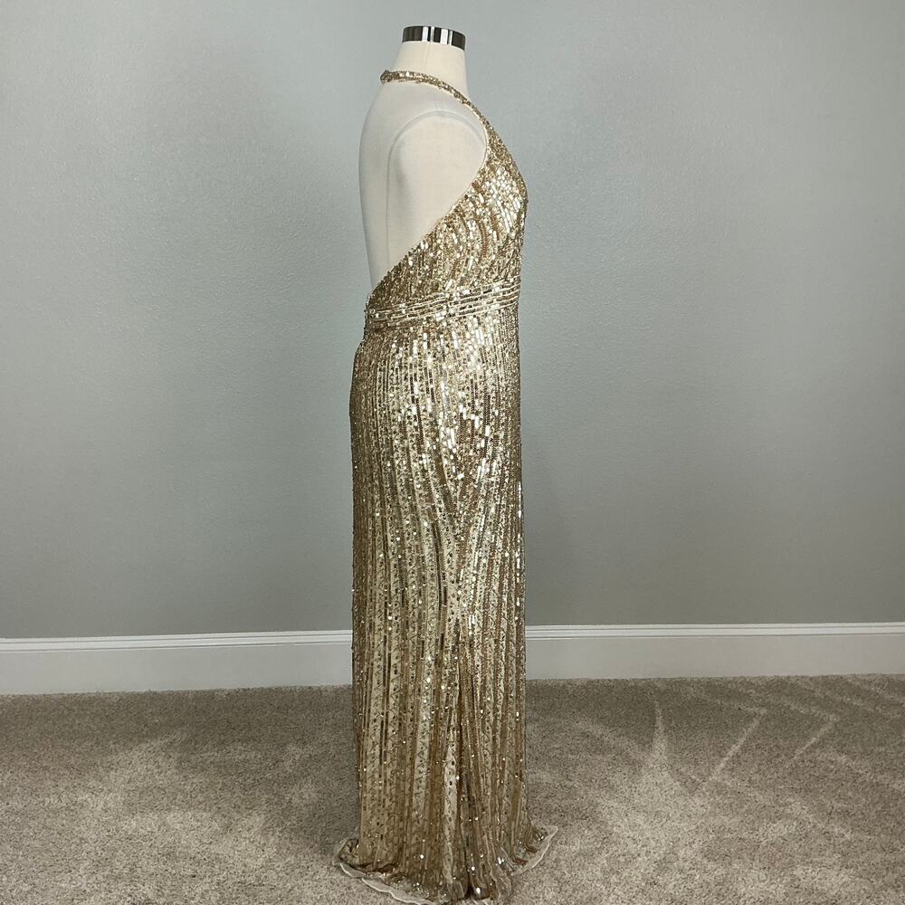 Mac Duggal 5759 Gold Evening Gown Sequined Backless Halter Column Dress Size 16 - Picture 4 of 13